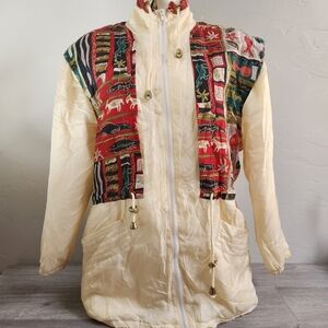 Vintage BRAEFAIR Cream Jacket XS Silk Aztec Design Soft Lightweight Artsy Animal